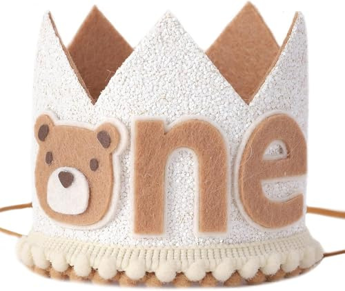 Gleemix Geburtstagskrone Bär Hut, Filz Geburtstagskrone Junge, Bär Krone Geburtstag mit Gummizug, Braun Geburtstagshut für Erster Geburtstag Mädchen Junge
