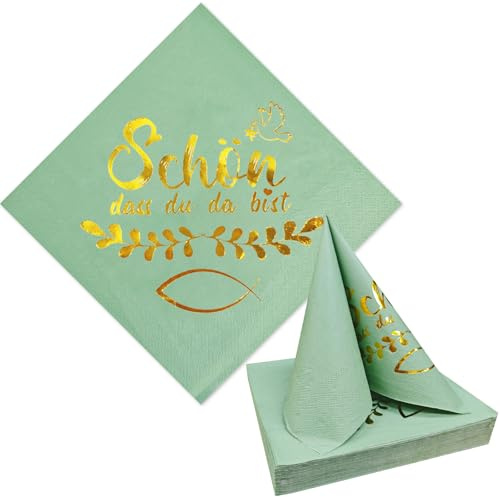 YOLOUP 40STK Salbeigrün Servietten Goldfolien Schön dass du da bist | Fisch Eukalyptus Papierservietten für Konfirmation Kommunion Taufe Firmung Geburtstag Babyparty, Tischdeko für Mädchen Jungen