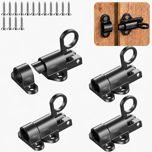 LMSAWK Lot de 4 Verrous de Porte Automatiques avec Vis, Verrou à Ressort pour Porte Coulissante, Portail de Jardin, Fenêtre, Clôture, Intérieur et Extérieur, Noir