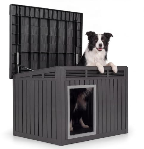 DREAMADE Hundehütte Outdoor, Hundehaus wetterfest | mit aufklappbarem Schrägdach, Gasdruckfedern Belüftungsöffnungen & Ablauflöchern, Hunde Hütte für kleine & mittelgroße Hunde