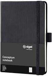 SIGEL CO131 Premium Notizbuch A6 kariert schwarz, Hardcover, 194 nummerierte Seiten, nachhaltiges Papier, mit Inhaltsverzeichnis, Stiftschlaufe, Falttasche, Gummibandverschluss, Conceptum