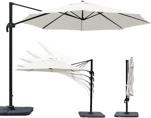paramondo parapenda Sonnenschirm Ampelschirm aus 230 g/㎡ Polyesterfaser, Rund, Ø 3,5 m, 360° Schwenkbar, Kurbelbedienung, Weiß, Stahl-Standkreuz und Gestell in Anthrazit, 20.6kg