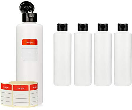 Octopus 5 x 250 ml Kunststoffflaschen, HDPE Plastikflaschen mit schwarzem Klappverschluss, Leerflaschen mit schwarzem Scharnierverschluss, Rundflaschen inkl. 5 Beschriftungsetiketten
