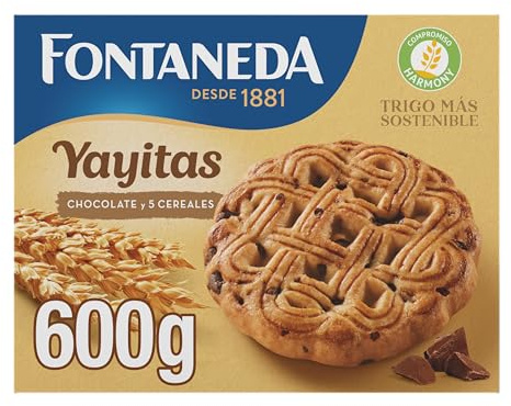 Fontaneda Yayitas Galletas con Pepitas de Chocolate, 600g | Galletas Yayitas de 5 Cereales con Pepitas de Chocolate, ideales para desayunos, meriendas y recetas caseras