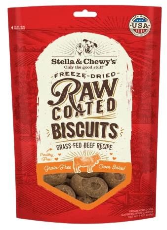 Stella & Chewy's Freeze-Dried Raw Coated Dog Biscuits – Grass-Fed Beef Recipe – Protein Rich, Grain Free Dog & Puppy Treat – Great Snack for Training & Rewarding – 9 oz Bag
