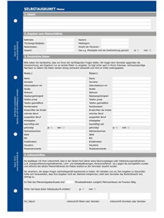 Selbstauskunft Mieter, Fragebogen für Vermietung von Wohnung und Haus