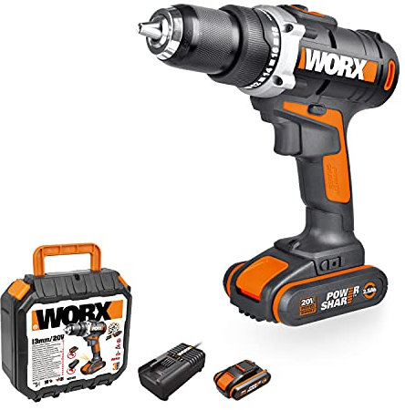 Worx 18V(20V MAX) Cordless Drill Driver WX183.2 Electric Drill, 2-Speed Control, Keyless Chuck, Max. Chuck Capacity 13mm (1/2),LED Light, PowerShare, 1*2.5Ah Battery, 1*2A Charger, 1*Double Ended Bit