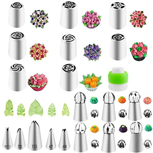 20PCS Russisch Piping Tips Kit, Edelstahl Russisch Zuckerguss Düsen Set mit großen Blumen Frosting Düsen, Piping Ball Tipps, Blätter Piping Düsen für Kuchen Kekse, DIY Backen Dekoration Supplies Kit