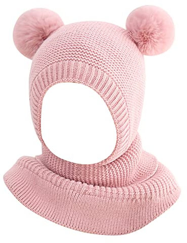 BYNYXI Schalmütze, Babymütze Mädchen Jungen Strickmütze mit Bommel Samtfutter Kleinkind Earflap Mütze Baby Schalmütze Schlupfmütze Neugeborene Mütze Warme Beanie für Baby Junge Mädchen 0-3 Jahre