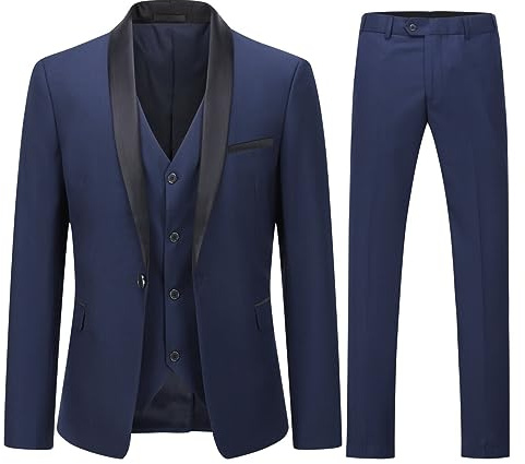 YOUTHUP Abito Uomo Slim Fit 3 Pezzi Abiti da Sposa Elegante Cerimonia Shawl Lapel Smoking Blazer Pantaloni Panciotto, Blu Navy, L