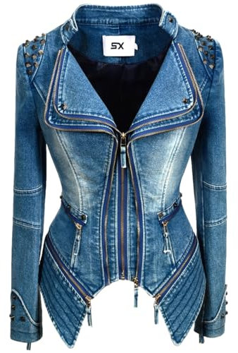 Fashion SX Damen Jacke aus Kunstleder mit Reißverschluss für Motorradfahrer, Denim, Motorradbekleidung, Blau