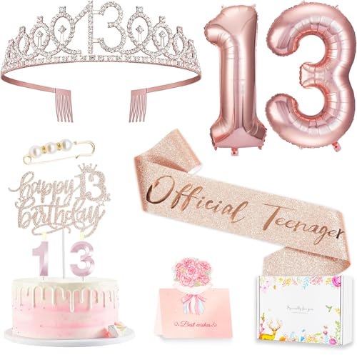 13th Birthday Decorations for Girls, Including 13th Happy Birthday Cake Toppers, Queen Sash with Pearl Pin, Sweet Rhinestone Tiara Crown, Number Candles and Balloons Set, Rose Gold