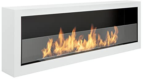 Biokamin S-Line Box 120cm. Bio ethanolkamin 1200 mm Weiß matt, wandkamin. An der Wand befestigter Biokamin mit aufgebauten Seiten. Wängender bioethanol Kamin mit Glas.