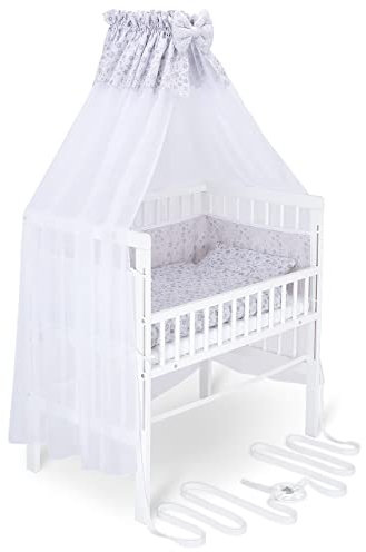 FabiMax Baby Beistellbett für Boxspringbett, TÜV geprüft 2022, inkl. Matratze und Komplett Set, Buche massiv weiß, Air/graue Blümchen