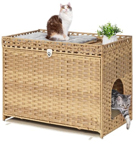 Enclos de litière pour chat avec tapis de litière doux ; meuble de toilette caché avec porte ; maison pour chat en rotin tissé à la main avec grand espace ; cage pour animal domestique pour salon