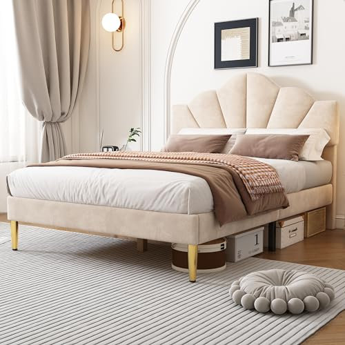 ZUUYEE Bett 140x200, Samt Polsterbett mit Lattenrost und Kopfteil, Holzbett Doppelbett Jugendbett 140x200, Goldenen Eisenbeinen, ohne Matratze, Beige