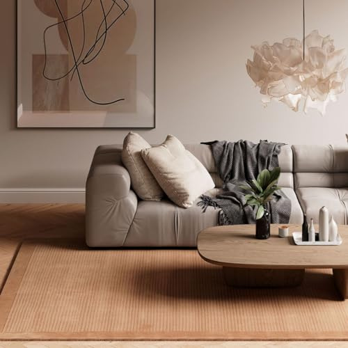 Beige Rug 100% Wool Thick Scandi Cosy Living Room Super Soft Bordered Shaggy Fluffy Rugs for Hall, Dining Room, Bedroom AreaRegular 160cm x 230cm