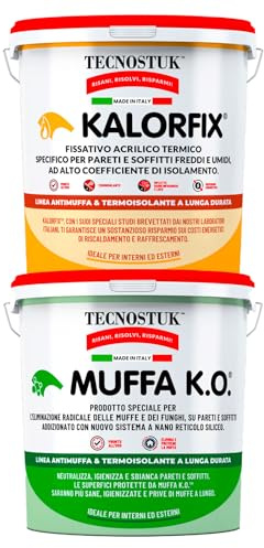 Tecnostuk Muffa KO - Fondo Antimuffa Sbiancante Eurocali per Muri Ecologico e Traspirante 1 lt + Kalorfix Fissativo Isolante Termico per Interni ed Esterni Contro Muffa e Batteri 1 lt - Made in Italy