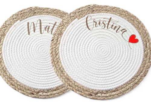 Coppia Tovagliette Alimentari in Vimini Personalizzata con Nomi Idea Regalo SanValentino Fidanzati Sposi Anniversario Compleanno Natale Pasqua Sottopiatto Colazione Pranzo Cena Merenda Casa Ufficio
