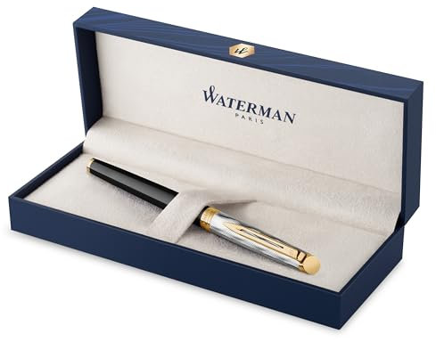 Waterman Hémisphère Tintenroller | Metall und schwarzer Lack mit goldenen Zierteilen, ziselisierte Kappe | feine Spitze | schwarze Tinte | Geschenkbox