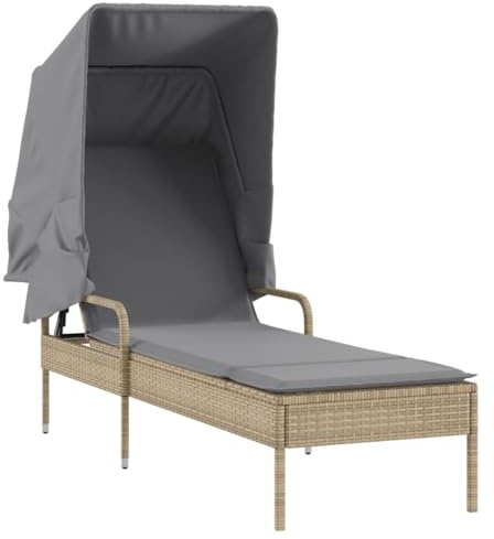vidaXL Sonnenliege mit Dach, Gartenliege Verstellbare Rückenlehne, Sonnenbett für Außenbereich, Relaxliege Liege Gartenmöbel, Modern, Beige Poly Rattan