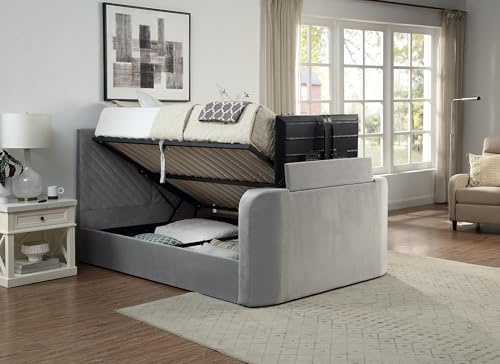 Home Treats Grey Velvet Ottoman TV Bed With Storage | Smart Bed With Remote Control TV Footboard Operation | Gas Lifting Underbed Storage (Pocket Sprung Mattress, Double)