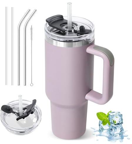ZAKVOP Borraccia Termica con Cannuccia, 1200ml Tazza con Coperchio Multifunzione e Maniglia, Mug Tumbler Cup da Viaggio (Lilla Chiaro)