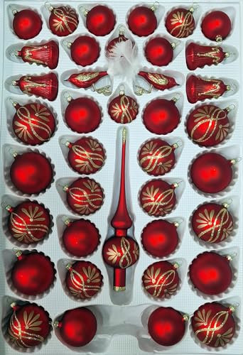Lauschaer Glas Christbaumschmuck Sortiment mit Glocken rot matt Ranken 39 Teile Christbaumschmuck Weihnachtsschmuck mundgeblasen, handdekoriert
