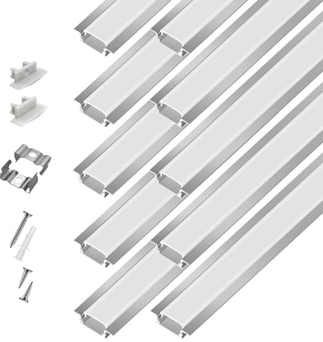 10-Pack 3.3ft/1Meter Silver Recessed LED Aluminum Channel for LED Strip Lights Diffuser Channel with Milky Cover End Caps and Mounting Clips, Flush Mounted LED Track for Ceiling Under Cabinet Closet.