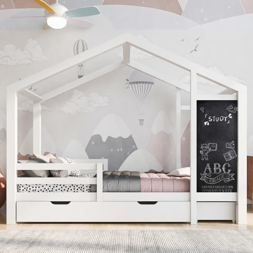 ZJBFXY88Kinderbett Hausbett 90 x 200 cm, Holzbett mit Tafel und 2 Schubladen, Massivholz mit Zaun und Lattenrost, Weiß (ohne Matratze)