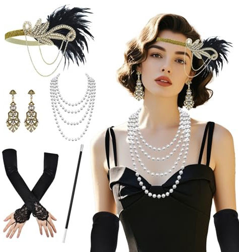 XDGBGFN 5-teiliges Set 20er Jahre Accessoires Damen, 1920s Kostüm Damen Flapper Accessoires Set Halloween Kostümzubehör Inklusive Stirnband Halskette Handschuhe und Handheld-Requisiten (Golden)