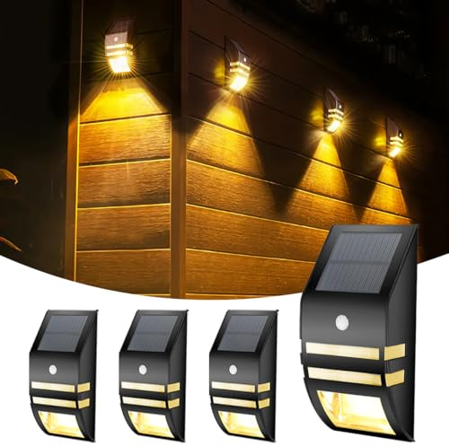 KZT Solarlampen für Außen mit Bewegungsmelder 4 Stücke Solarleuchten Garten Winterfest IP65 Solar Wandleuchte Aussen 3000K Warmweiß Solarwandleuchten für Pathway Zaun Veranda Post Aussenlampe