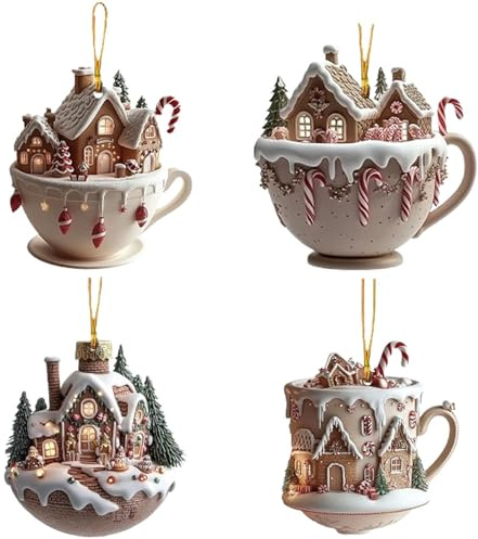 Pendentif Arbre de Noël Tasse à Café en Acrylique, 4 Pièces Décorations de Sapin de Noël Tasse à Café 2D, Ornements d'arbre de Noël, Pendentif Sapin de Noël Ornement à Suspendre Voiture Maison