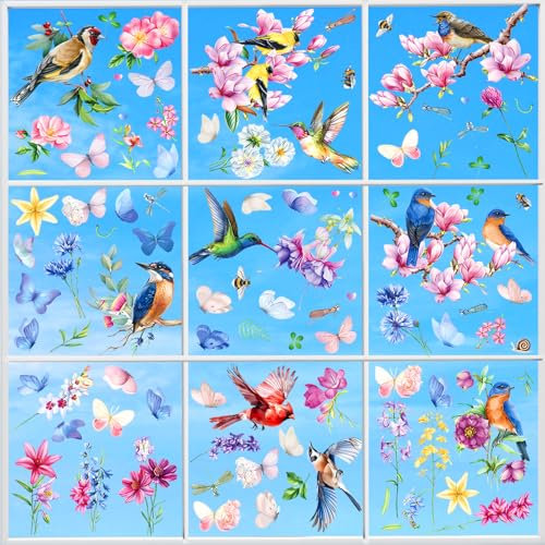 GreenYeah Fensterbilder Frühling, 9 Blatt Frühling Vögel Fensterbilder, PVC Fenstersticker Frühling, Vögel Blumen Kleintier Schmetterlinge Fensteraufkleber, Frühling Sommer Fensterdeko (A)