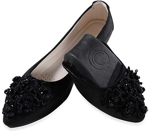 YOUNIFIZ Women's Elastic Foldable Portable Pumps Bling Beads Ballet Ballerina Flats Dolly Shoes (Black,Size 8.5)