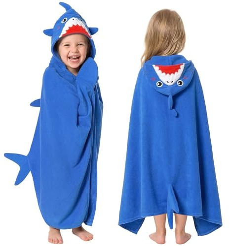 OLAOLA Shark Hooded Towel for Kids 3-12 Years, 28 x 53 Soft Thick Microfiber Ultra Absorbent Bath Towel Wrap, Beach Pool Swim Poncho for Boys Girls Toddler