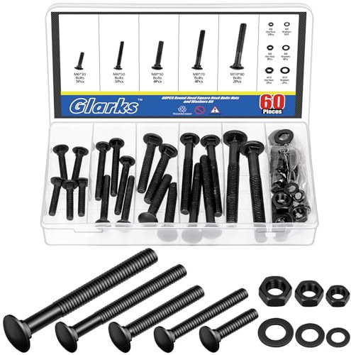 Glarks 60 viti M6 M8 M10, bulloni a testa tonda con collo quadrato, viti con dadi e rondelle per l'industria dei macchinari