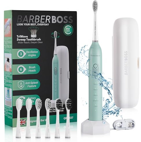 BarberBoss Sonic Electric Toothbrush with Advanced Wave Technology (40°/50°/60° Adjustable Oscillation Angles), 45-Day Battery, 5 Modes & 6 Brush Heads, Travel Case, IPX7 Waterproof, Smart Timer