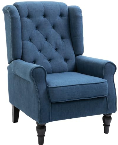 HOMCOM Sessel Ohrensessel mit Armlehnen, mit Kissen, Tufting, Blau | Loungesessel, Hoher Rückenlehne Armlehnensessel mit Holzbeine, Relaxsessel für Wohnzimmer, Schlafzimmer