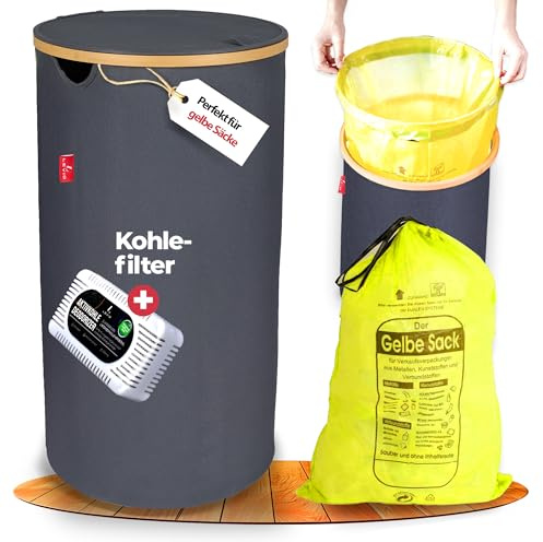 Levio® Gelber Sack Ständer mit Deckel – Müllsackhalter [80L mit Geruchsfilter] – Mülltonne Gelber Sack Indoor – Stabiler Müllsackständer – Mülleimer für Gelben Sack – Gelbe Säcke Behälter (Dunkelgrau)
