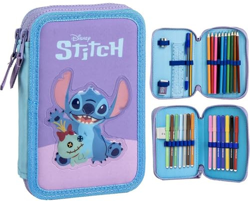 Stitch Federmäppchen mit Filzstiften, Bleistiften und Kugelschreibern, dreifaches Federmäppchen für Kinder mit Disney-Design, Stitch, 12.5x19.5x4.5 cm, Lizenzprodukt