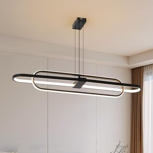 Moderne LED Pendelleuchte Esstisch,Ovale Doppelring Design Schwarz Wohnzimmer HäNgelampe,Stufenlos Dimmbar KüCheninsel Kronleuchter,Linear HöHenverstellbar Esszimmer KüChenlampe, BüRo,Studie,99×14cm