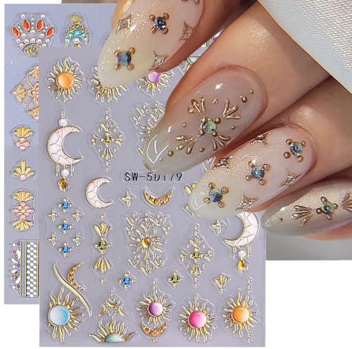 Auiremrti 2 Stück Nagelkunst-Aufkleber,Sonne und Mond,5D-Geprägt,Nagelaufkleber im Bohemian-Stil,Goldene Spitzenlinien,Selbstklebende Aufkleber,Nagelkunst-Dekorationen