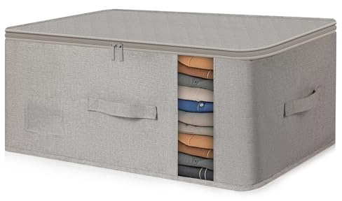 Stomonster Clothing Storage Bags, Foldable Bag Organizer, 60L Large Capacity Cotton and Hemp Storage Bags with Zips Lid, Reinforced Handle, Clear Window for Clothes, Duvets, Blankets, Toys