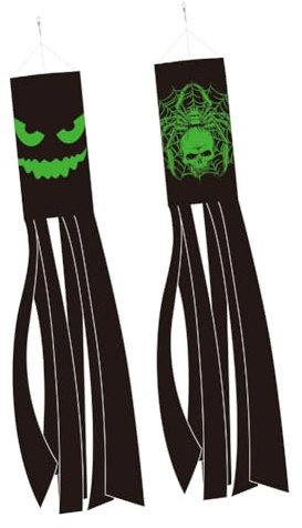 Leuchtende Halloween-Windsack-Flagge, 2 Stück, schwarz, Happy Halloween, Totenkopf, Spinne, böses Gesicht, Outdoor-Hängedekoration, fluoreszierende Urlaubs-Windsäcke für Garten, Terrasse, Rasen