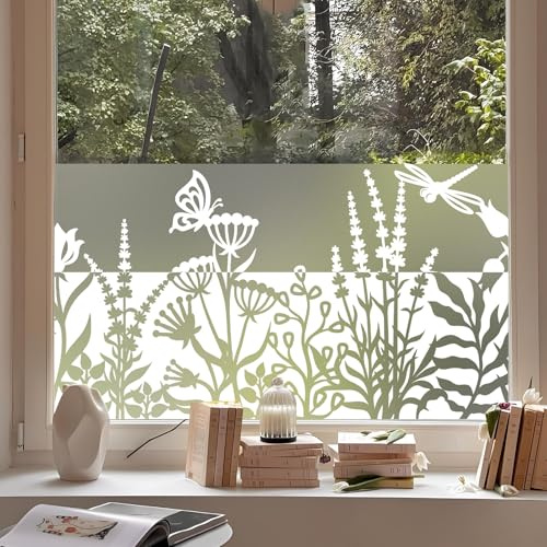 dktie Fensterfolie Blickdicht Sichtschutzfolie Weißem Hohlem Pflanzenmuster Statische Aufkleber ohne Klebstoff Wiederverwendbar Geeignet für Wohnzimmer, Schlafzimmer, Küche 44.5x200cm