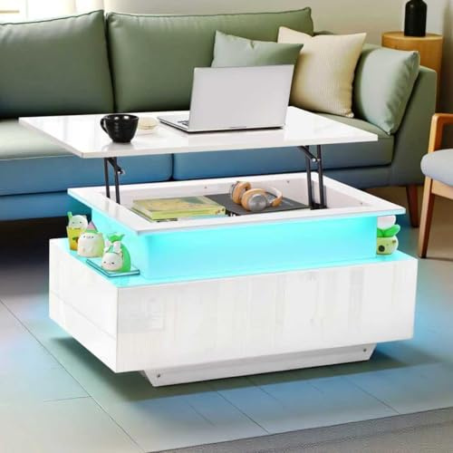 ZZINOKE Table Basse Relevable, Haute Brillance Table Basse Salon LED, Moderne, 16 LED colorées avec Étagère Ouverte Et 2 Tiroirs, 85x50x45cm, Blanc