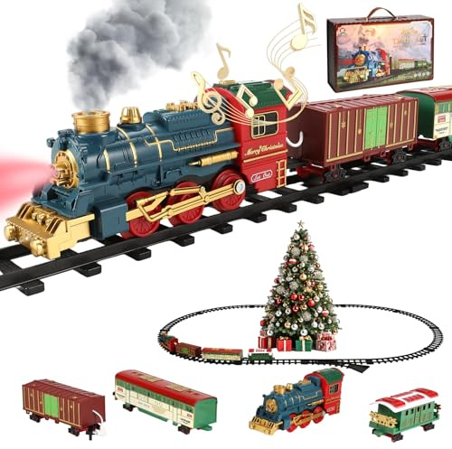 Tren Eléctrico de Navidad con Humo, Luces y Sonido – Tren Árbol de Navidad con Locomotora 3 Vagones, 12 Vías y Cambio – Juguete Infantil para Decoración bajo el Árbol, Niños 3+ Años