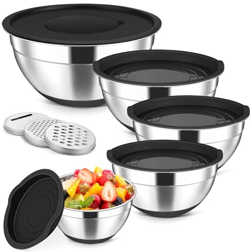 Rührschüssel 5er Set, Edelstahl Schüssel Salatschüssel Set, mit Luftdichtem Deckel, 3 Reibenaufsätzen, Durchmessern von 17,6 cm, 19,7 cm, 21,6 cm, 23,5 cm und 25,6 cm & Stapelbar, Spülmaschinenfest