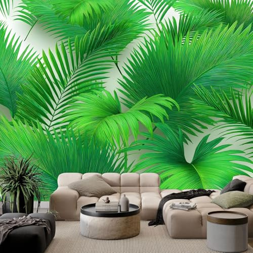 Fotomurales 3D Hojas de palmera tropical verde 300x210 cm Papel Pintado Fotográfico, Decoración De la Pared Murales para Salón, Dormitorio, Habitación para Niños, Pared de TV